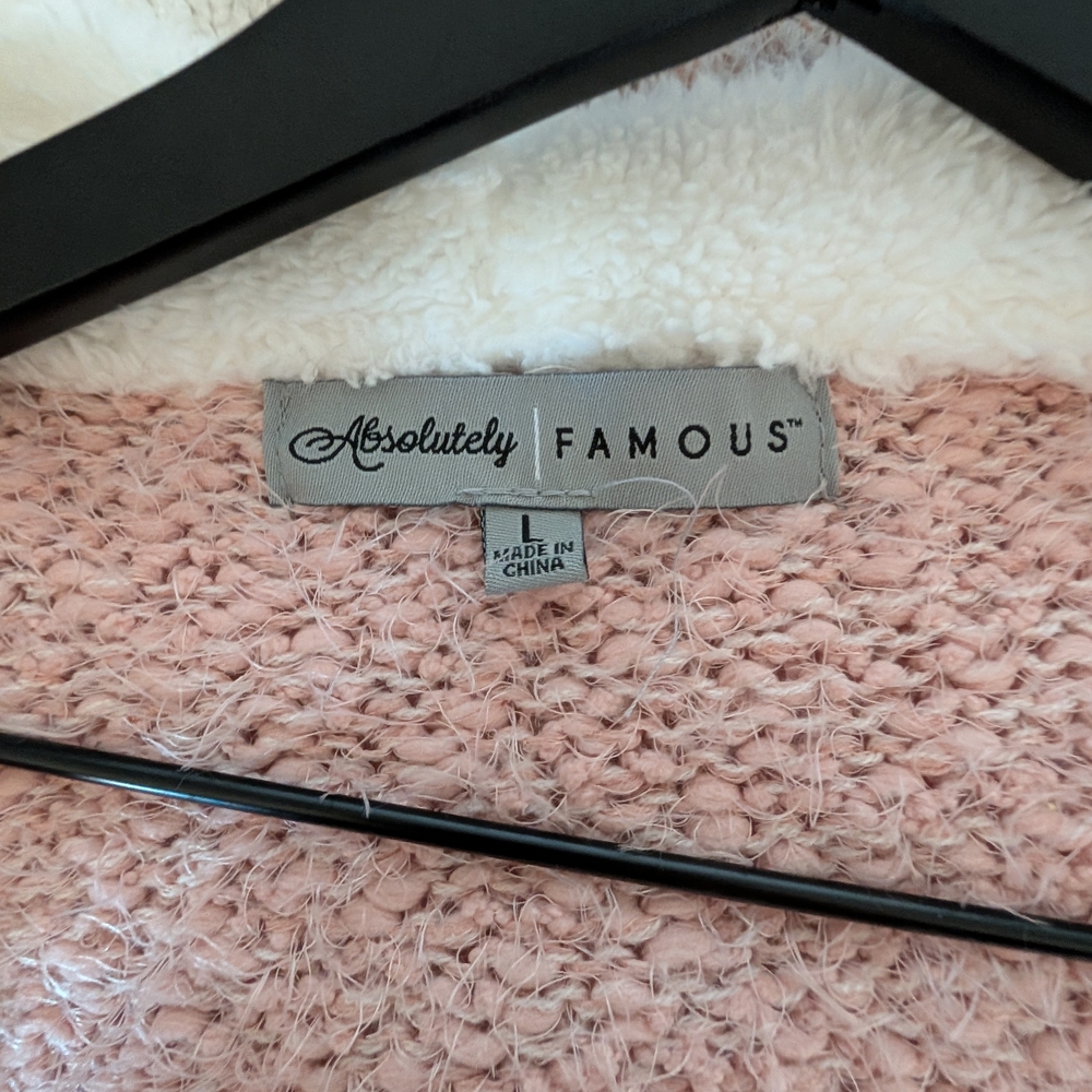 Absolutely Famous Pink White Cardigan Fuzzy Sz Large Soft Hoodie Sweater - Picture 2 of 4